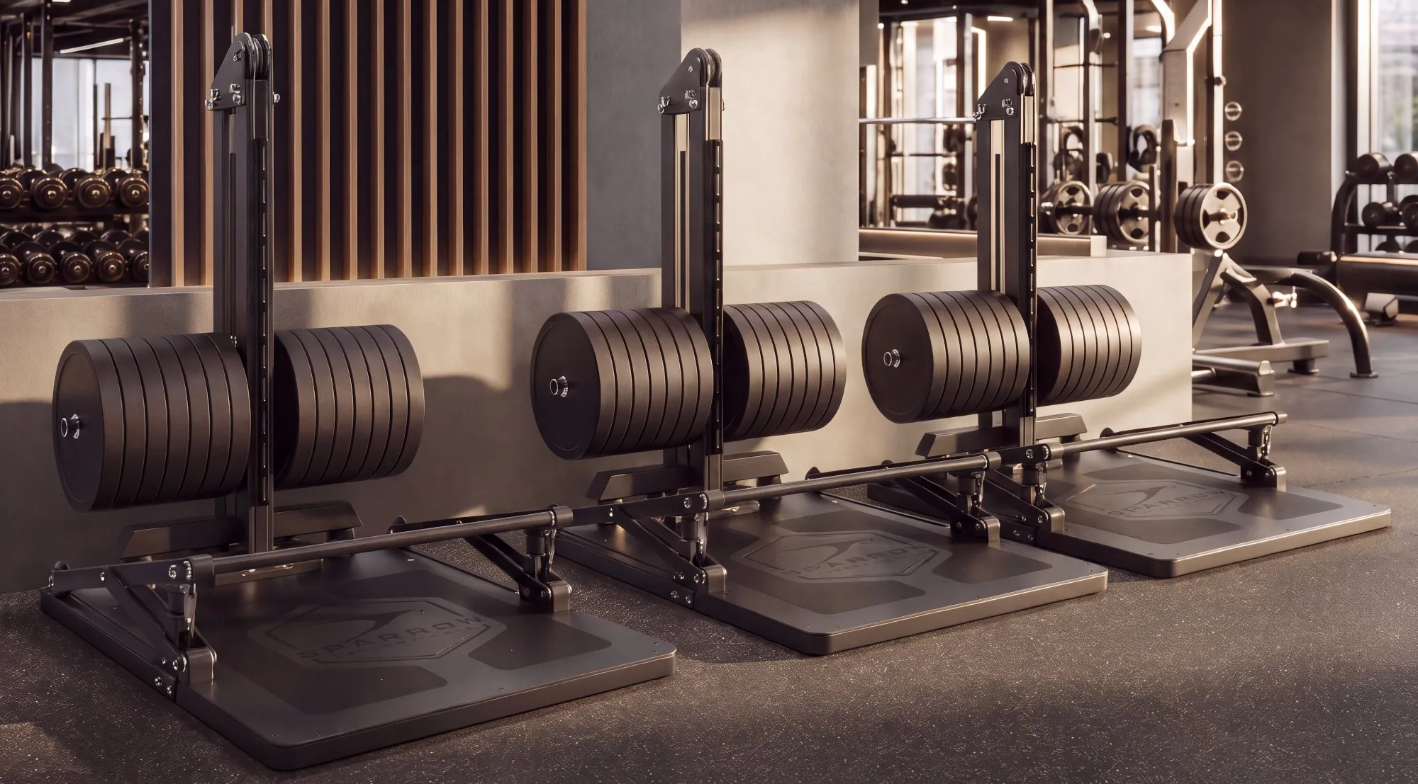 A row of Model One platforms on a commercial gym floor