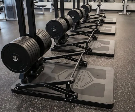 A row of Model One platforms on a commercial gym floor